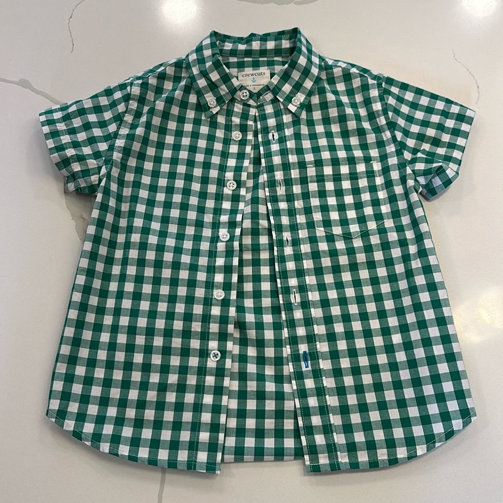 NWOT J crew crewcuts short sleeve button down t-shirt green white gingham size 3